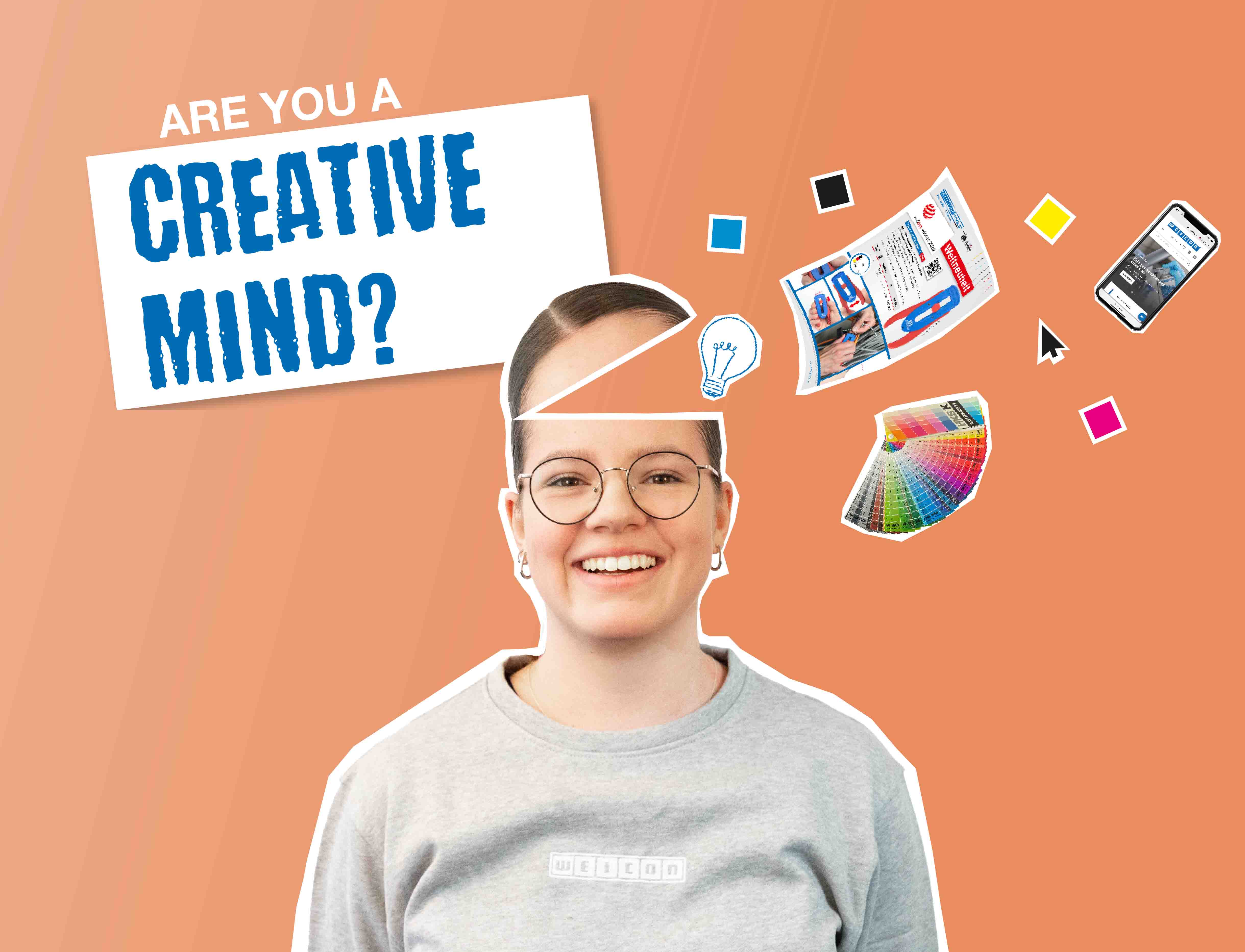 Joven con la cabeza abierta, de la que salen pinturas, folletos y un móvil