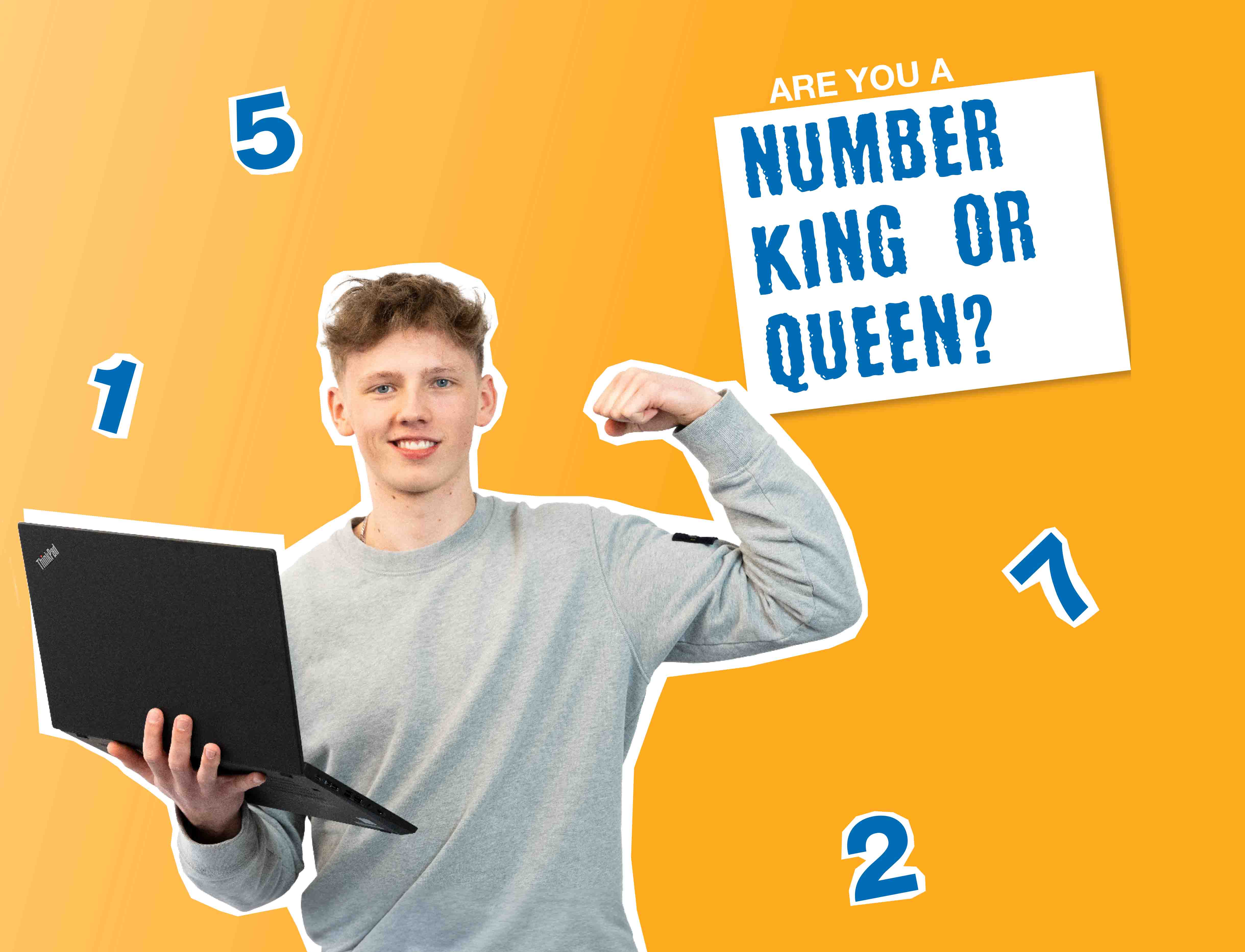 Joven con un ordenador portátil en la mano, sonriendo, rodeado de números, junto al texto «¿Se te dan bien los números?».